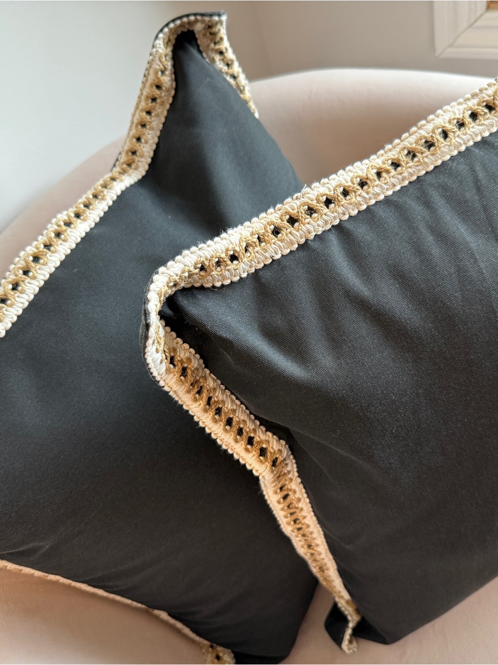 21” Black Decorative Outdoor Throw Pillows with Crochet Trim - Picture 2 of 4